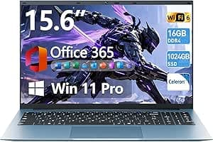 Naclud 15.6 Inch Laptop Computer, Windows 11 Laptops with 16GB RAM 1024GB SSD, Celeron N5100, Office 365, IPS FHD, WiFi 6, 53.2WH Battery, 180° Viewing, HDMI, Cooling Fan, for Business and Students